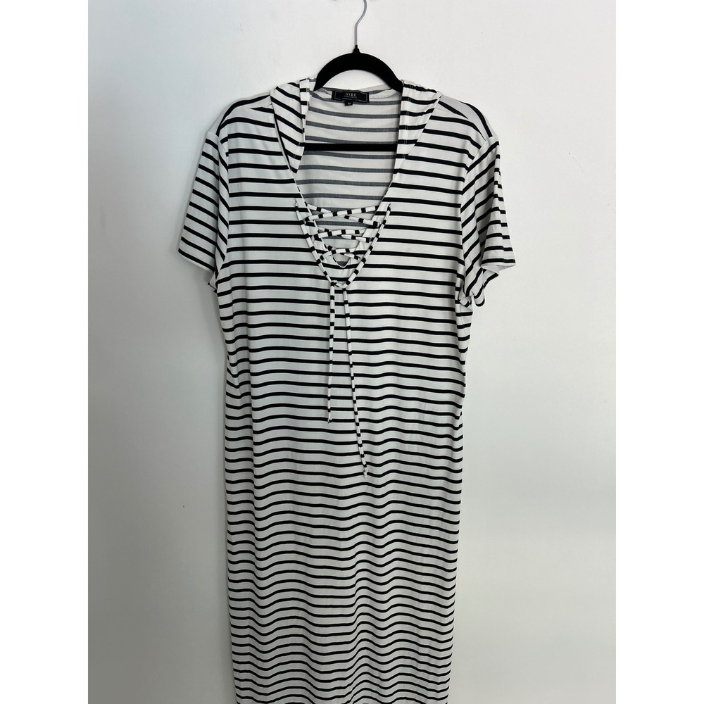 Vibe Sportswear Womens 1X Striped Hooded Lace Up Maxi Dress Black White JKD8173X
